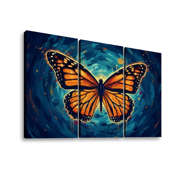 Three-panel canvas wall art showing a large orange and black butterfly centered against a swirling blue and teal abstract background, photographed on a light gray studio background.