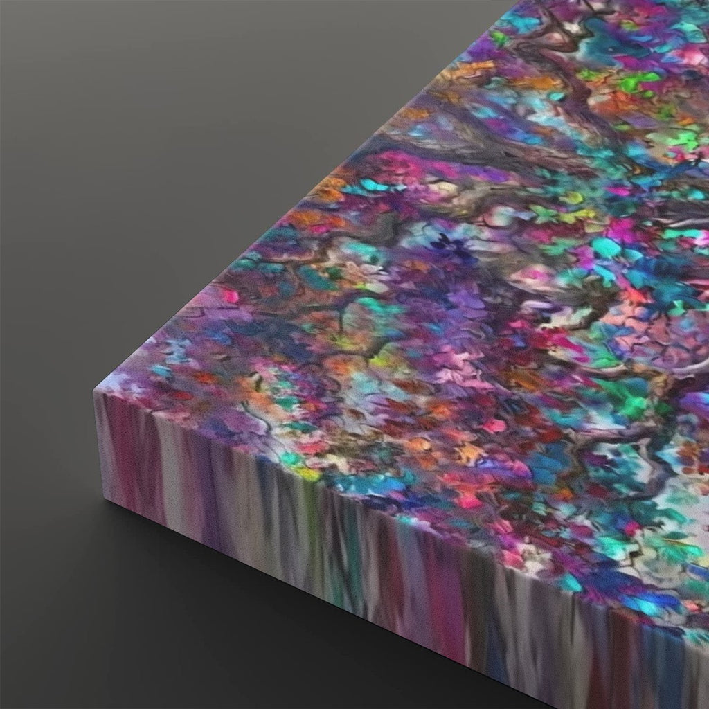 A square canvas print featuring an abstract, colorful tree-bark and foliage pattern with vibrant shades of purple, blue, pink, green, and orange, shown at an angle on a dark gray background.