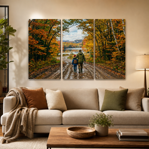 Gone Fishing Canvas Wall Art – Father & Son Autumn Lake Scene | 5-Panel Level Print