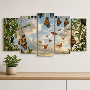 Monarch Butterfly Transformation Canvas Wall Art – Chrysalis to Crown | 1, 3 & 5 Panel Nature Print