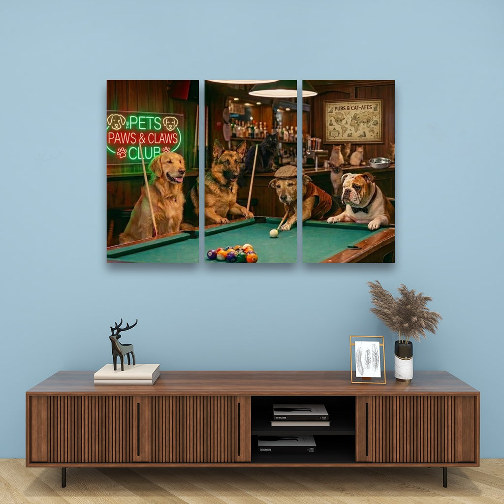 A three-panel canvas wall art set depicting dogs playing pool in a bar scene, displayed above a wooden console table against a light blue wall.