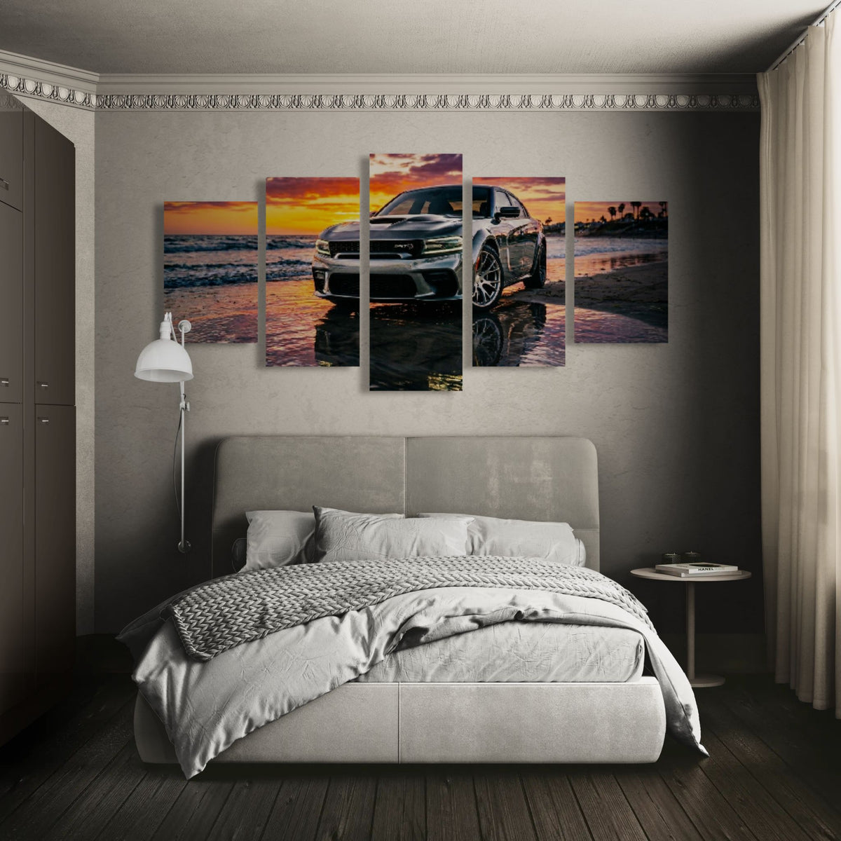 Bedroom with a large wall art piece of a Dodge Charger SRT Hellcat at sunset over water.