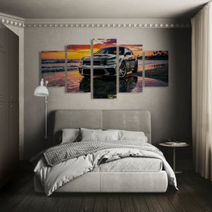Bedroom with a large wall art piece of a Dodge Charger SRT Hellcat at sunset over water.