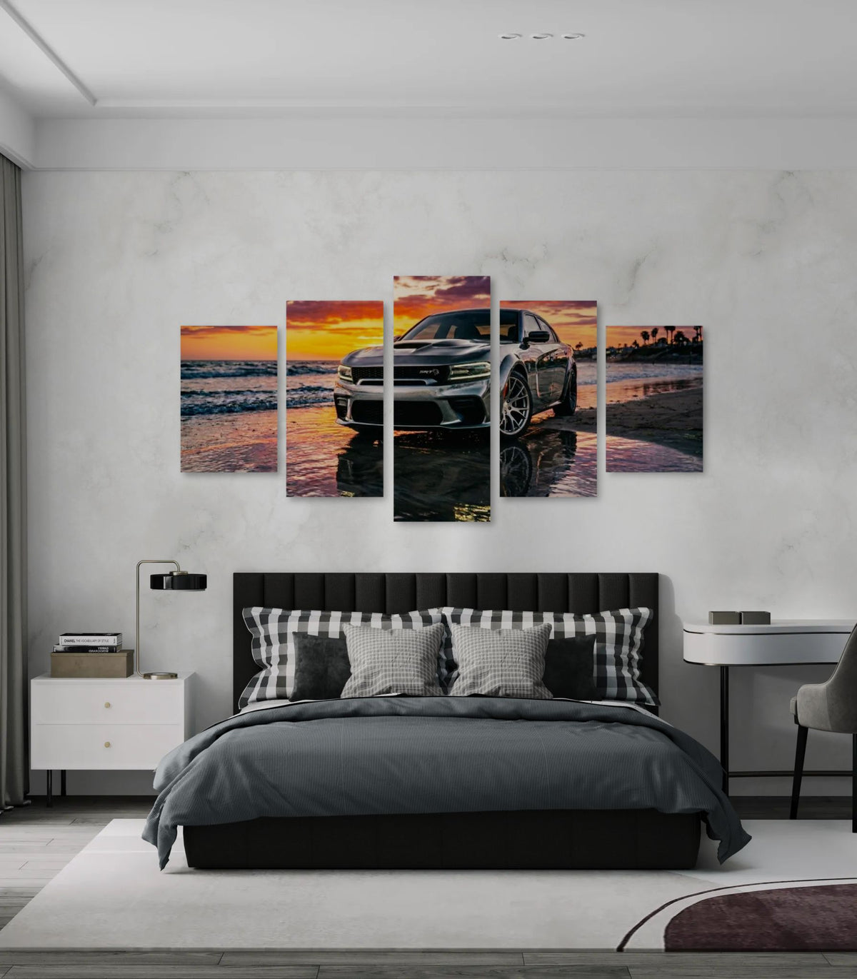 Bedroom with a large wall art piece of a Dodge Charger SRT Hellcat at sunset.