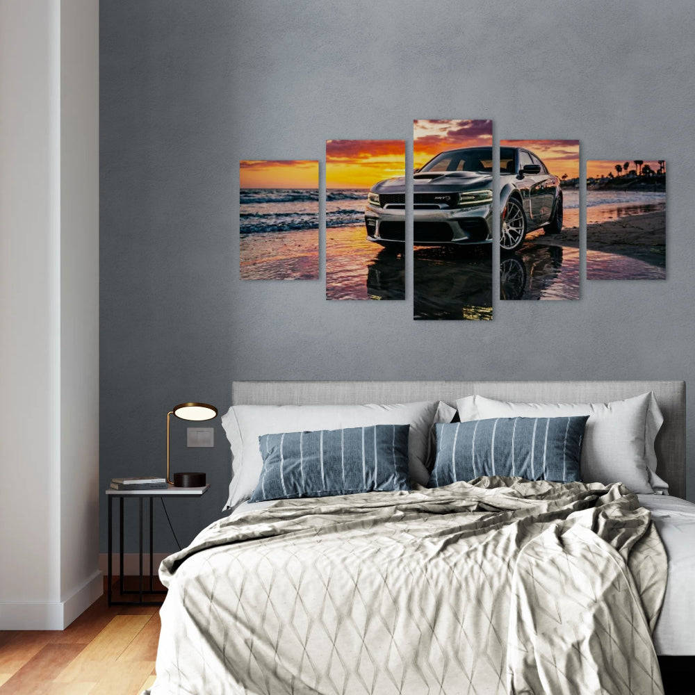Bedroom with a large wall art piece of a Dodge Charger SRT Hellcat at sunset over water.