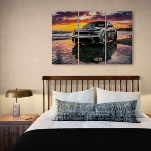 Bedroom with a large wall art of a Dodge Charger SRT Hellcat car at sunset on water
