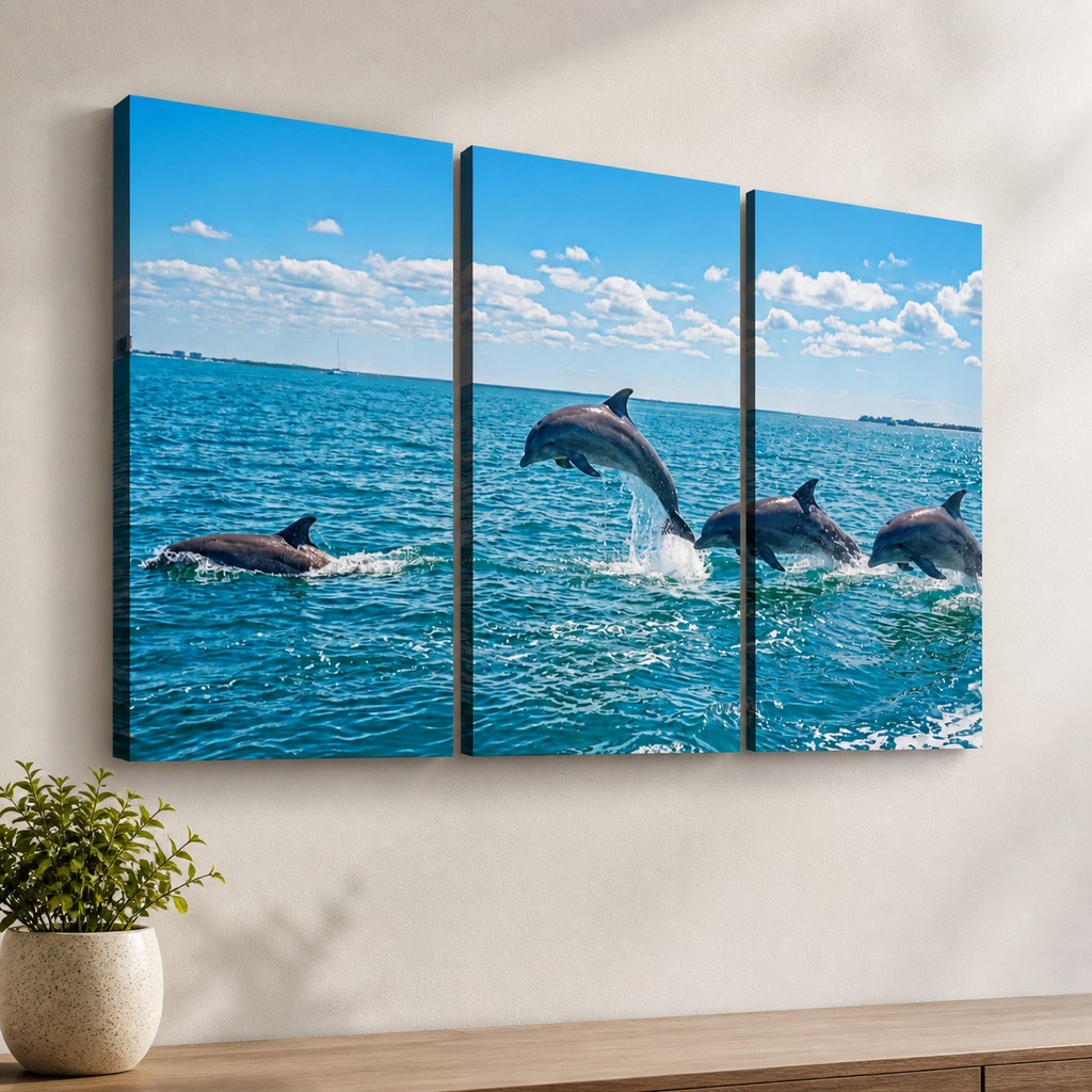 Dolphins Jumping, Breaching, Porpoising in the Gulf of Mexico Canvas Wall Art — Single & Multi-Panel Prints
