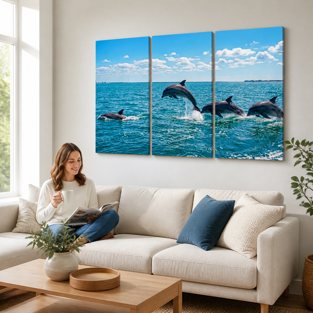 Dolphins Jumping, Breaching, Porpoising in the Gulf of Mexico Canvas Wall Art — Single & Multi-Panel Prints