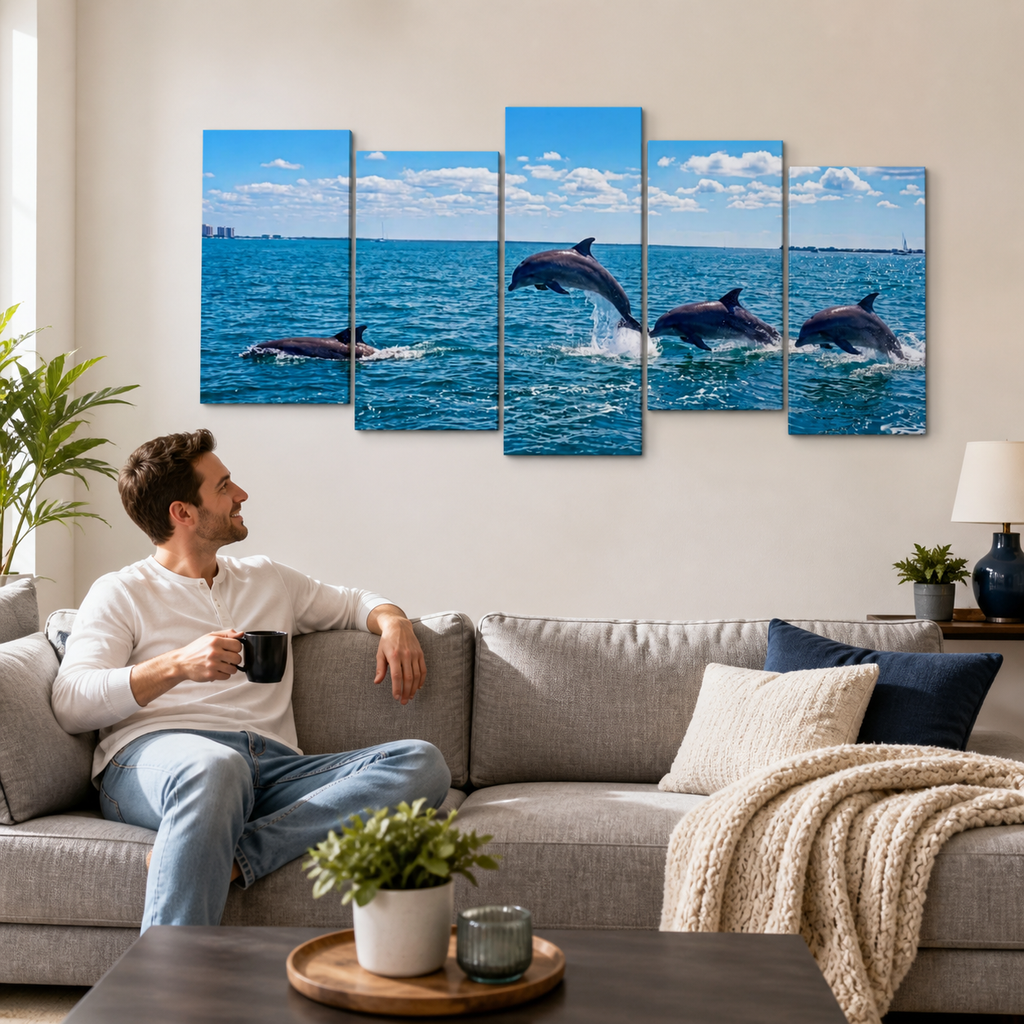 Dolphins Jumping, Breaching, Porpoising in the Gulf of Mexico Canvas Wall Art — Single & Multi-Panel Prints