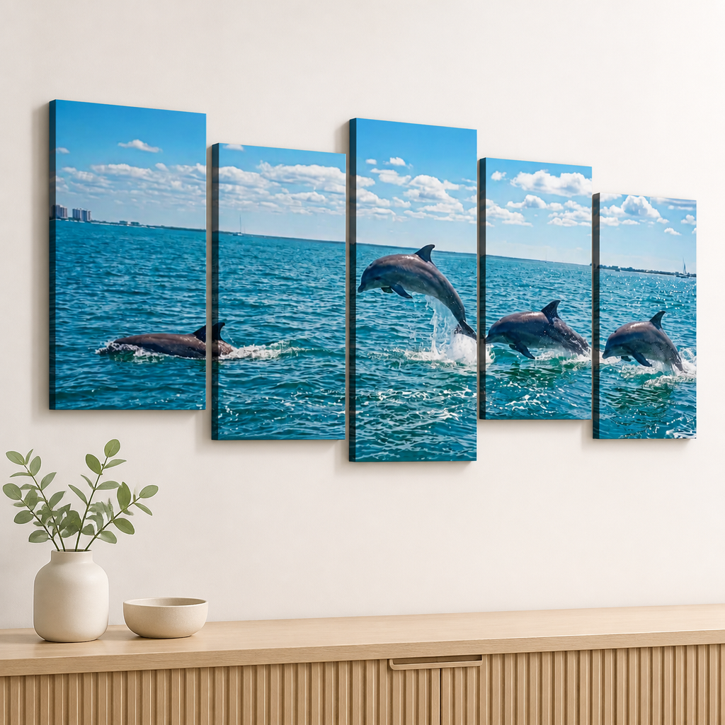 Dolphins Jumping, Breaching, Porpoising in the Gulf of Mexico Canvas Wall Art — Single & Multi-Panel Prints