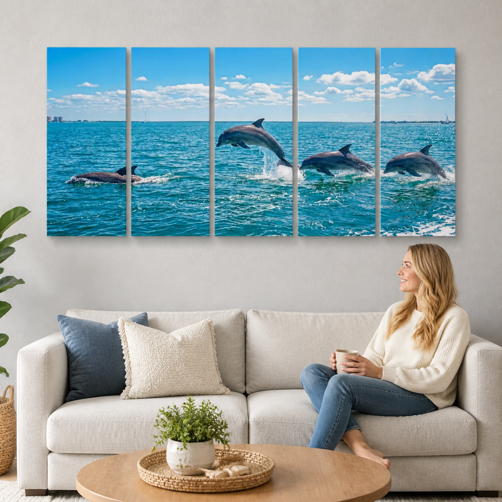 Dolphins Jumping, Breaching, Porpoising in the Gulf of Mexico Canvas Wall Art — Single & Multi-Panel Prints