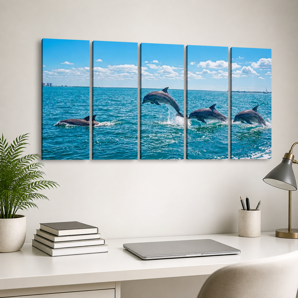 Dolphins Jumping, Breaching, Porpoising in the Gulf of Mexico Canvas Wall Art — Single & Multi-Panel Prints
