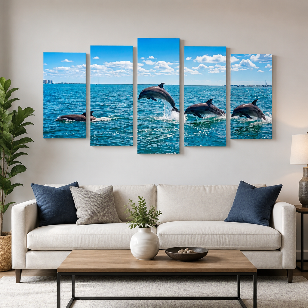 Dolphins Jumping, Breaching, Porpoising in the Gulf of Mexico Canvas Wall Art — Single & Multi-Panel Prints