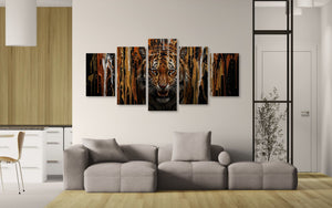 Living room with a gray sofa and wall art of a tiger's face.