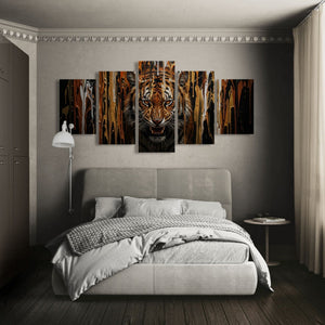 Bedroom with a large tiger artwork on the wall