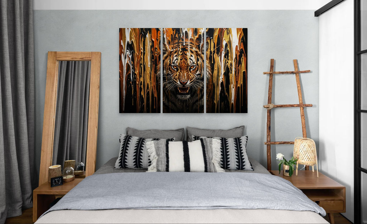 Bedroom with a large tiger painting on the wall, wooden ladder, and side tables.