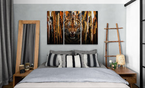 Bedroom with a large tiger painting on the wall, wooden ladder, and side tables.
