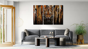 Living room with a gray sofa, coffee table, and a large tiger artwork on the wall.