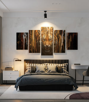 Modern bedroom with a large bed and wall art of a tiger.