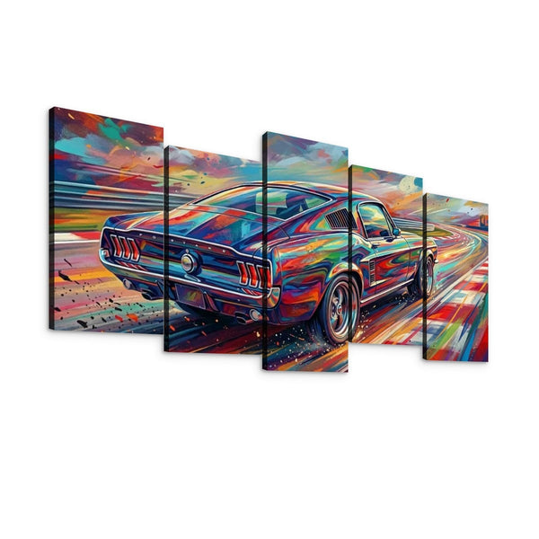 A five-panel canvas wall art set depicting a colorful, abstract-style 1967 Ford Mustang Fastback sports car on a road with a vivid multicolor sky and ground.