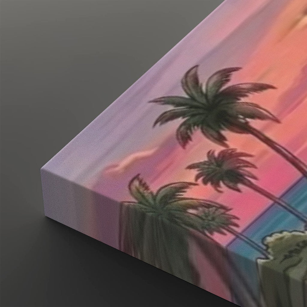 A close-up of a rectangular canvas print showing a tropical sunset scene with palm trees against pink, purple, and blue sky colors, photographed on a dark gray background.