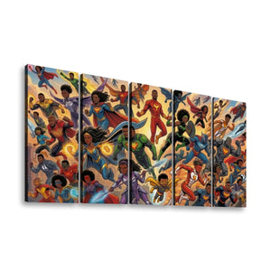 A multi-panel canvas wall art print depicting a dynamic group of colorful comic book superheroes flying forward against a warm yellow and orange background, shown at an angle on a white background.