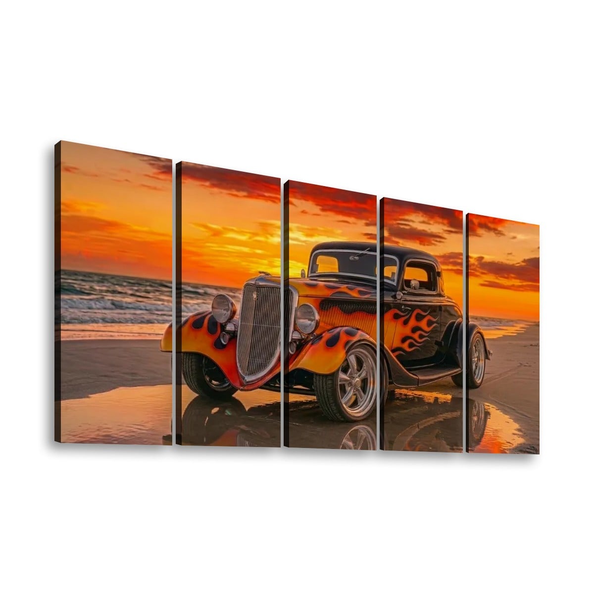 Black Ford Coupe with Flames Sunset Beach Canvas Wall Art