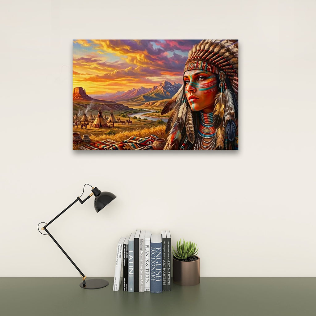 Native American Woman at Sunset | 1, 3, 5 Panel Canvas Wall Art