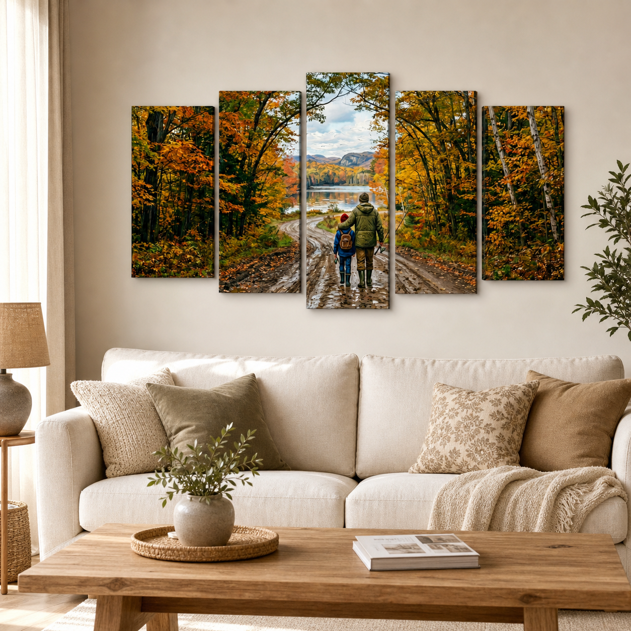 Gone Fishing Canvas Wall Art – Father & Son Autumn Lake Scene | 5-Panel Level Print