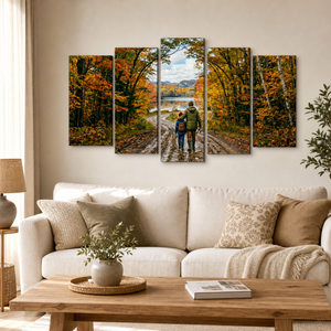 Gone Fishing Canvas Wall Art – Father & Son Autumn Lake Scene | 5-Panel Level Print