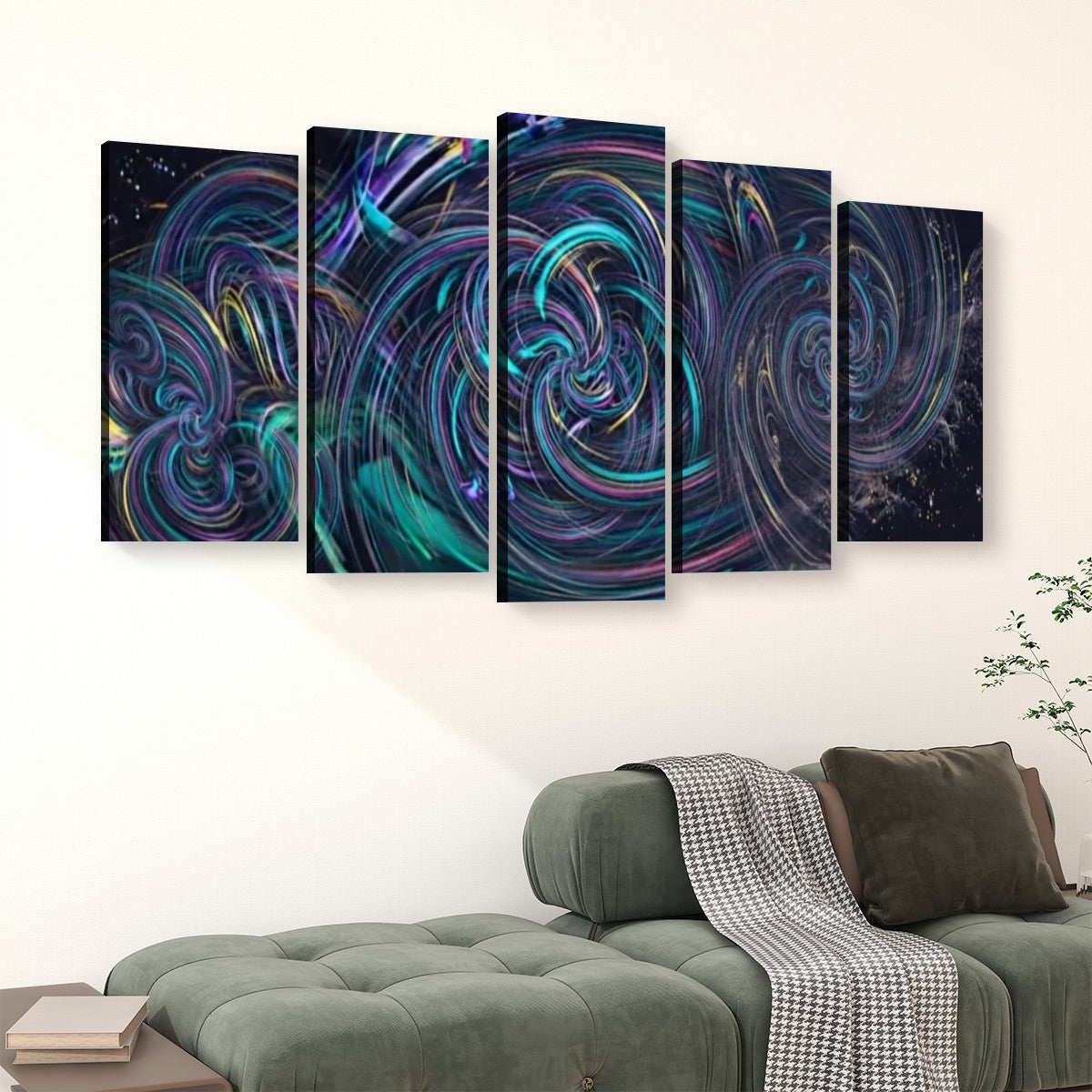 A five-panel canvas wall art set featuring an abstract swirling cosmic design in vibrant teal, purple, blue, and pink tones on a black background, displayed above a green sofa in a living room setting.
