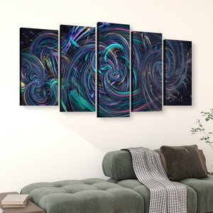 A five-panel canvas wall art set featuring an abstract swirling cosmic design in vibrant teal, purple, blue, and pink tones on a black background, displayed above a green sofa in a living room setting.