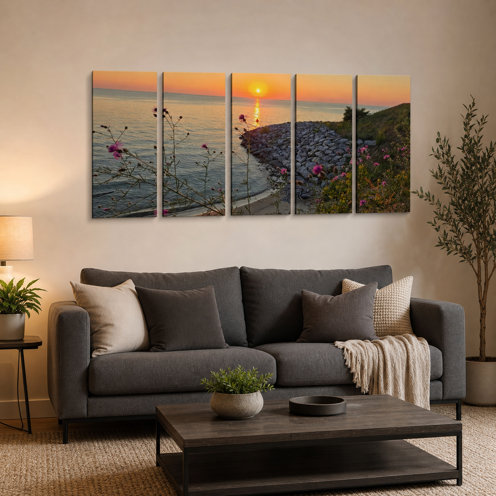 Lake Michigan Sunset Canvas Wall Art | 1, 3 & 5 Panel Coastal Landscape Print
