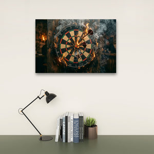 A rectangular wall art print showing a close-up of a dartboard with flames and smoke effects, displayed above a desk with a black lamp, books, and a small potted succulent against a light beige wall.