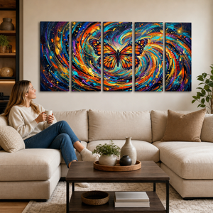 Monarch Butterfly Cosmic Vortex Canvas Wall Art | 1, 3 & 5-Panel Print | Colorful Abstract Butterfly Décor | Gallery-Wrapped