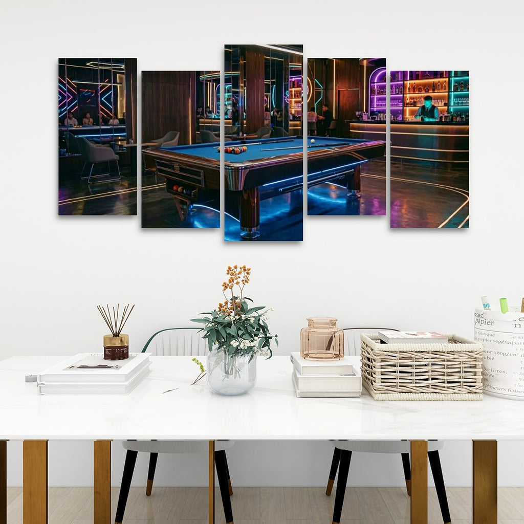 Billiards Pool Lounge Neon Lights Bar — 1, 3, 5-Panel Level Canvas Wall Art