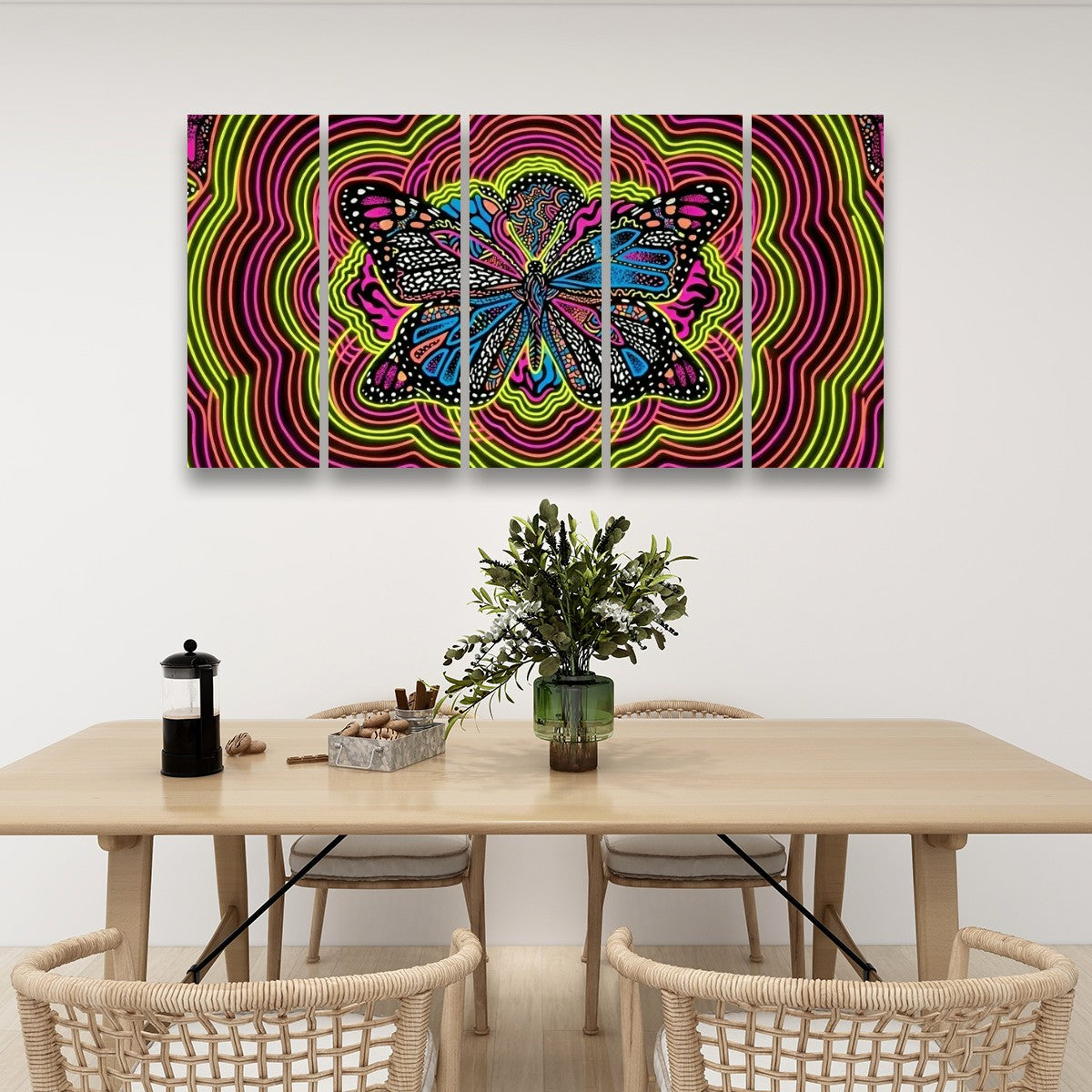 Neon Wings Psychedelic Butterfly Canvas Wall Art – Vibrant Abstract Print | 1, 3 & 5 Panel