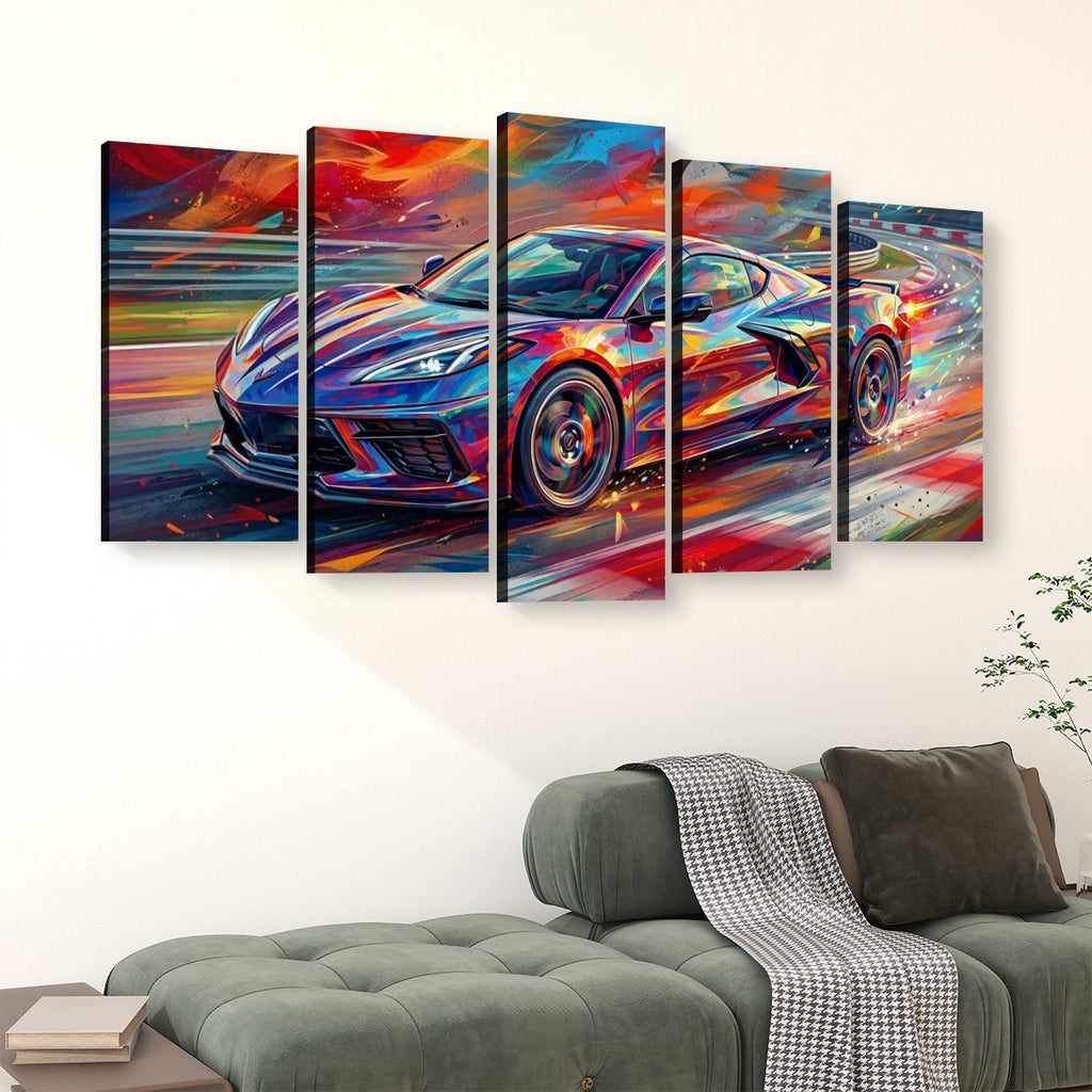 A five-panel canvas wall art set depicting a colorful, abstract Corvette sports car in motion, displayed above a green sofa in a living room setting.