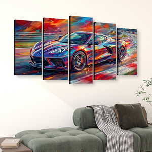 A five-panel canvas wall art set depicting a colorful, abstract Corvette sports car in motion, displayed above a green sofa in a living room setting.