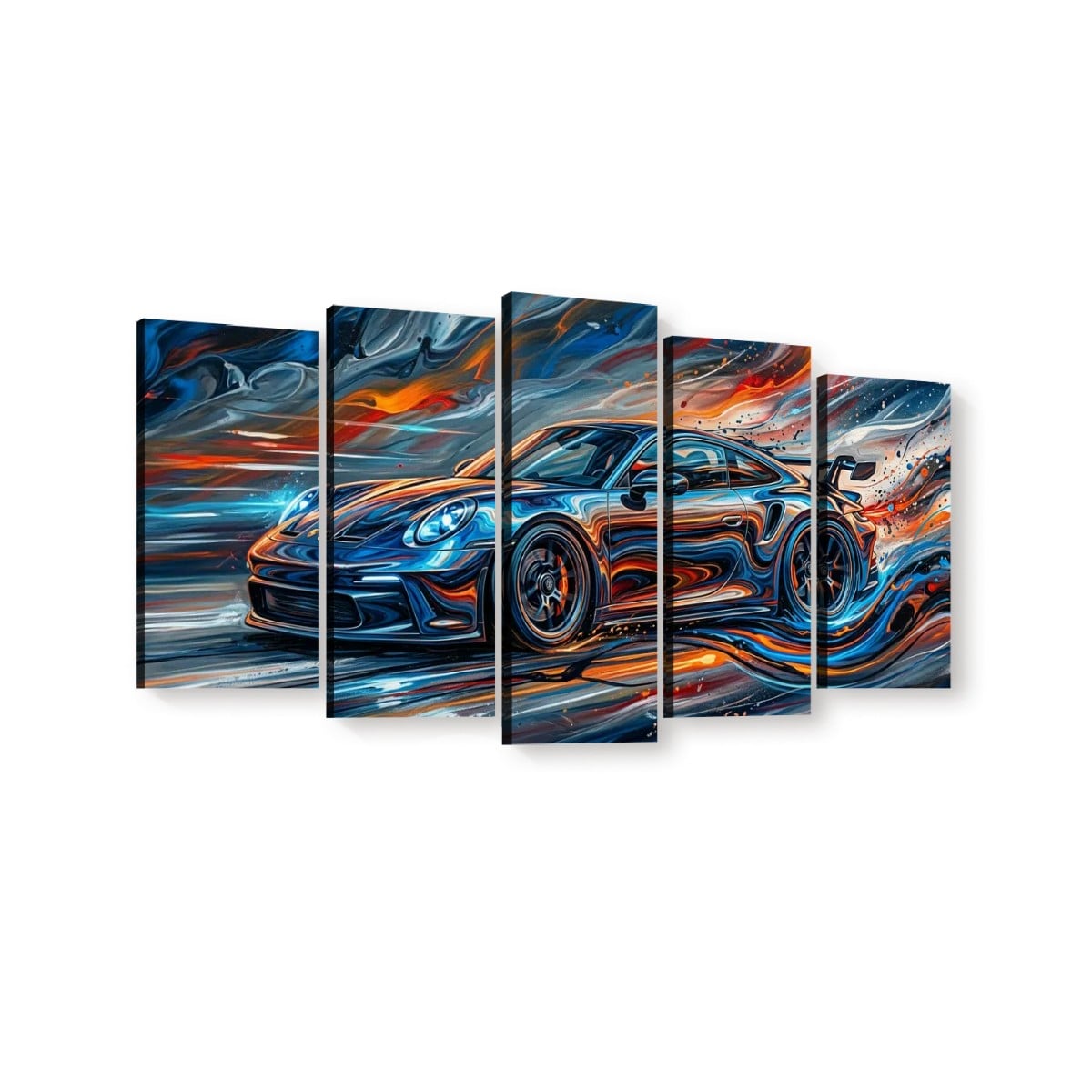 A 5-panel canvas wall art set depicting a blue sports car in motion with swirling blue, orange, and black brushstrokes on a white background.