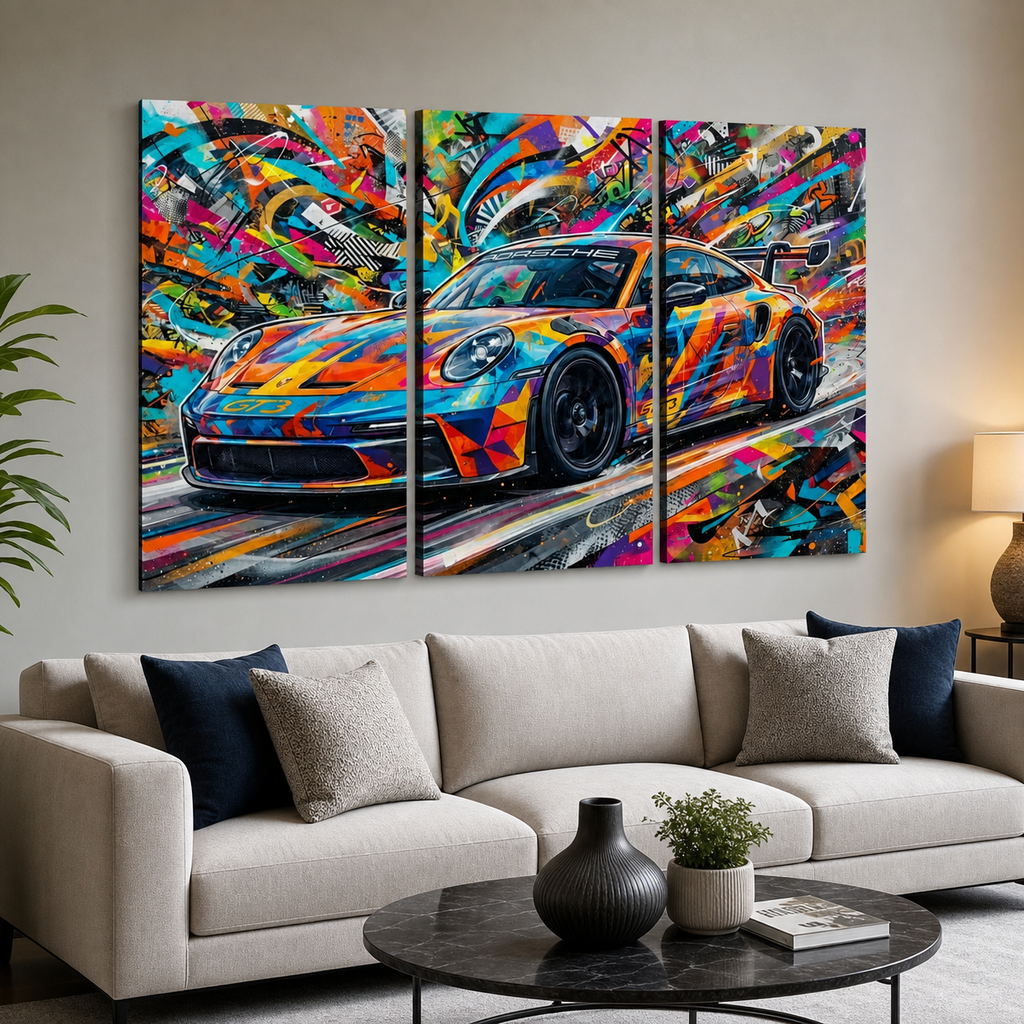 A three-panel canvas wall art set depicting a colorful abstract 911 GT3 sports car, displayed in a modern living room setting above a light beige sofa.