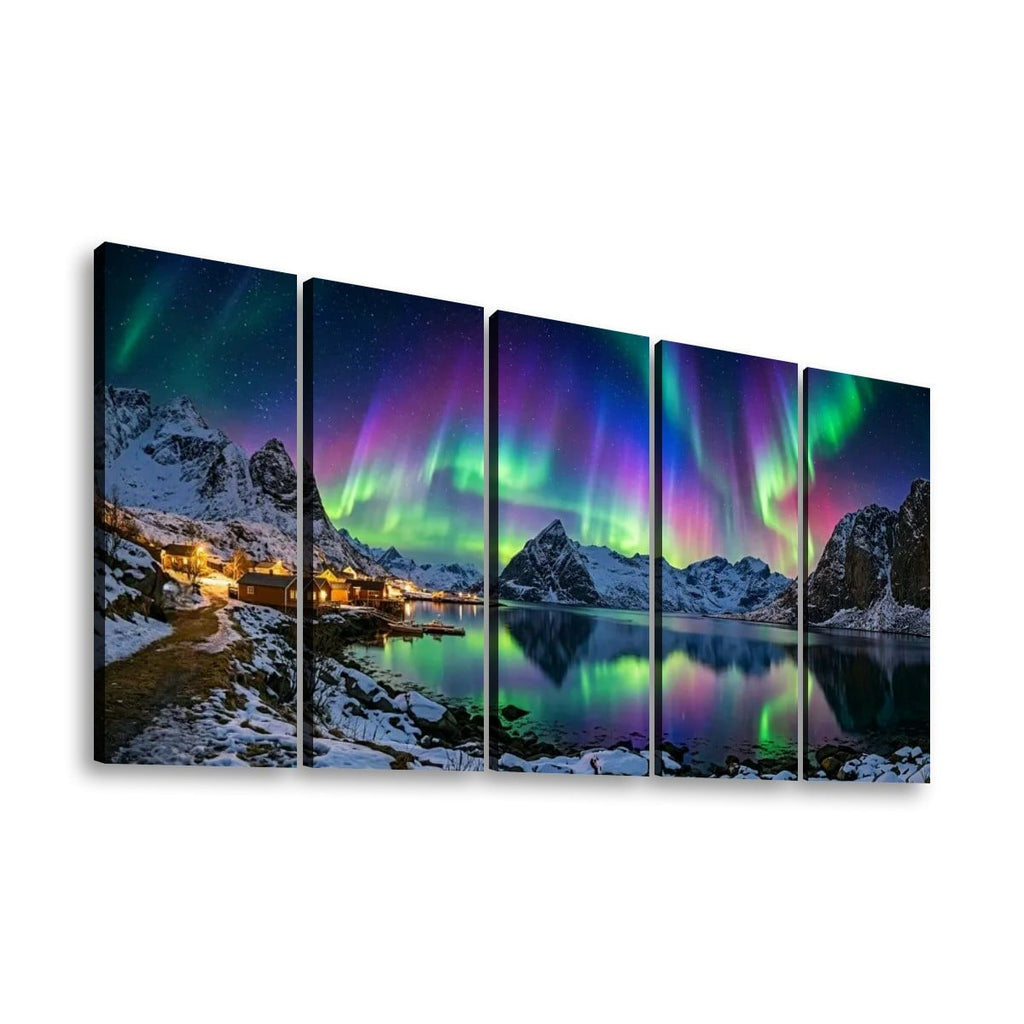 Northern Lights Over the City — 5 Panel Level Canvas Wall Art