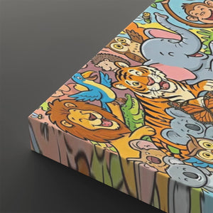 A rectangular canvas print featuring a colorful cartoon jungle animal illustration, shown at an angle against a dark gray background.