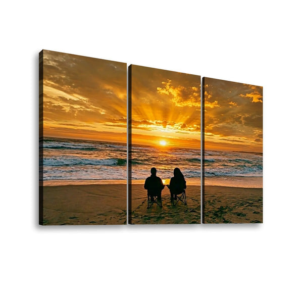 Sunset Surf Couple on the Beach Canvas Wall Art – Romantic Coastal Scene | 5-Panel Level Print