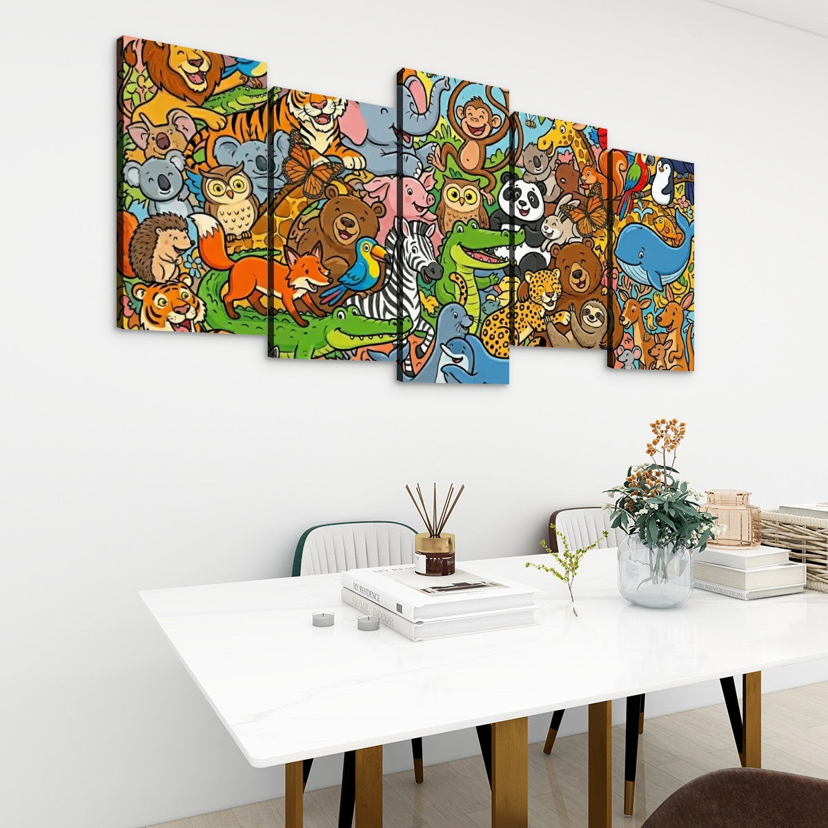 Wild & Whimsical Cartoon Animal Collage Kids Canvas Wall Art | 1, 3 & 5 Panel Playroom & Bedroom Print