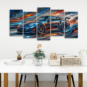 A five-panel canvas wall art set depicting a stylized blue sports car with vivid orange, red, and white brushstroke effects, displayed above a white dining table in a modern room setting.