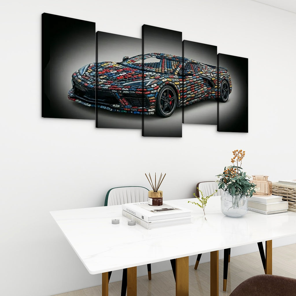 A 5-panel canvas wall art set depicting a colorful mosaic sports car on a black background, displayed in a modern dining room setting above a white table.