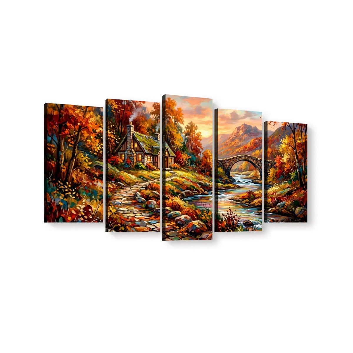A five-panel canvas wall art set depicting a colorful autumn landscape with a cottage, stone bridge over a river, mountains, and rich fall foliage, shown against a plain white background.