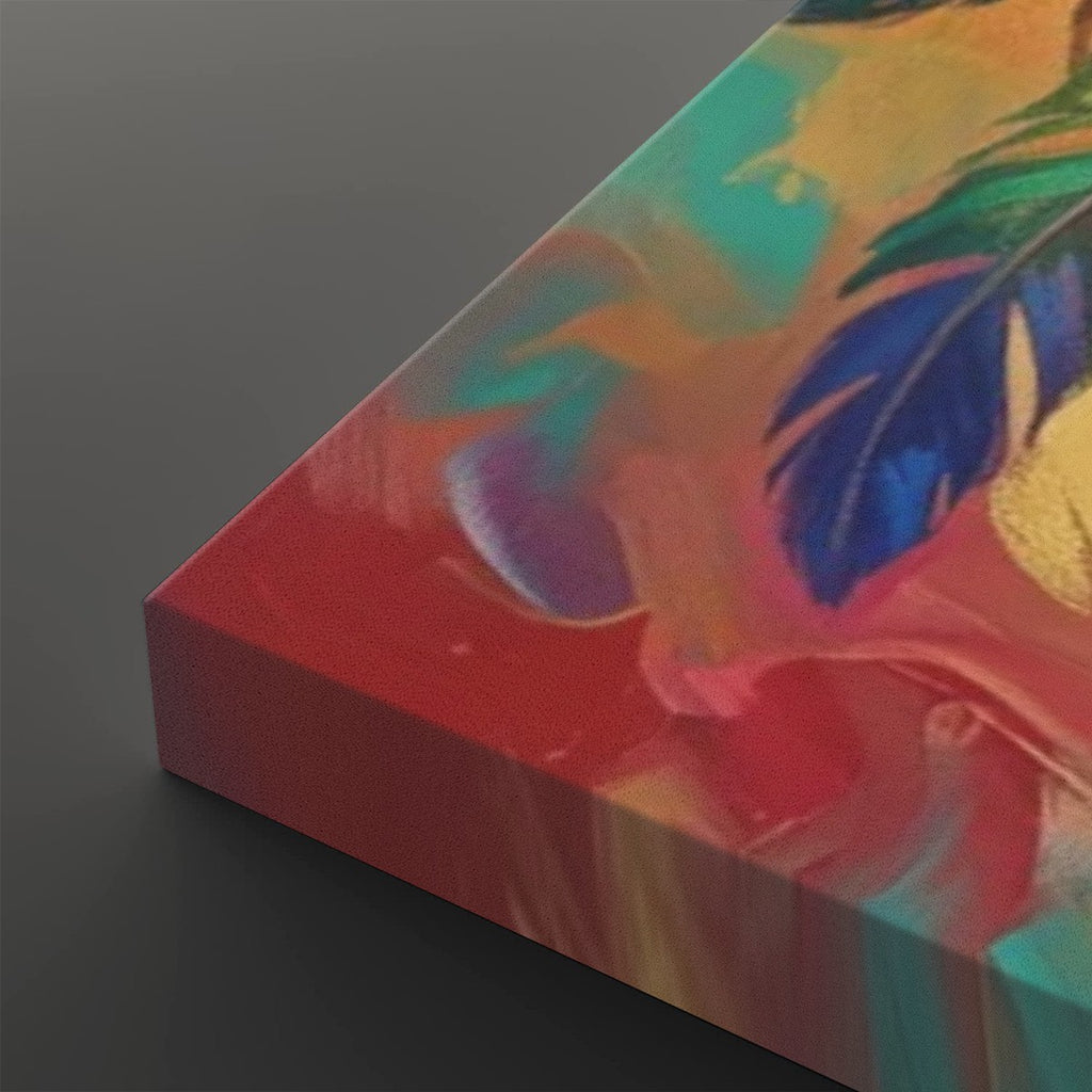 A close-up angled view of a colorful abstract canvas print with a feather motif, showing vivid red, teal, blue, yellow, and pink brushstrokes on a dark gray background.