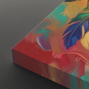A close-up angled view of a colorful abstract canvas print with a feather motif, showing vivid red, teal, blue, yellow, and pink brushstrokes on a dark gray background.